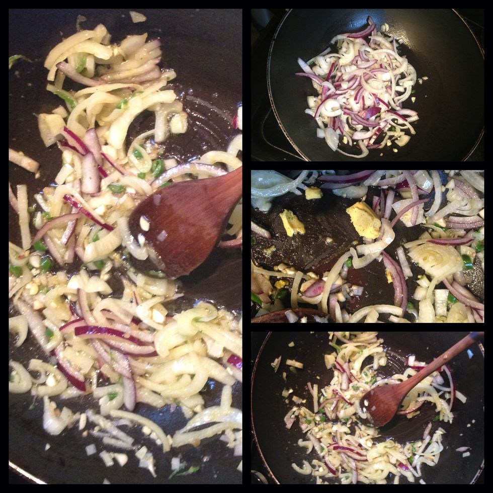 Fry your onion, garlic, chilli mixture until the onions are soft and bronzed. I also added a chicken stock cube and crumbled it, this step is optional.
