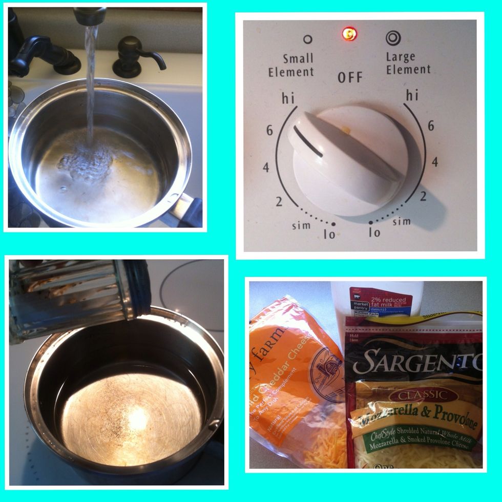 Full saucepan about 1/2 full with water. Place on stove and turn burner to high. Add a dash of salt to water to keep from boiling over. (can also use a drop of oil) Begin boil. Get supplies out.