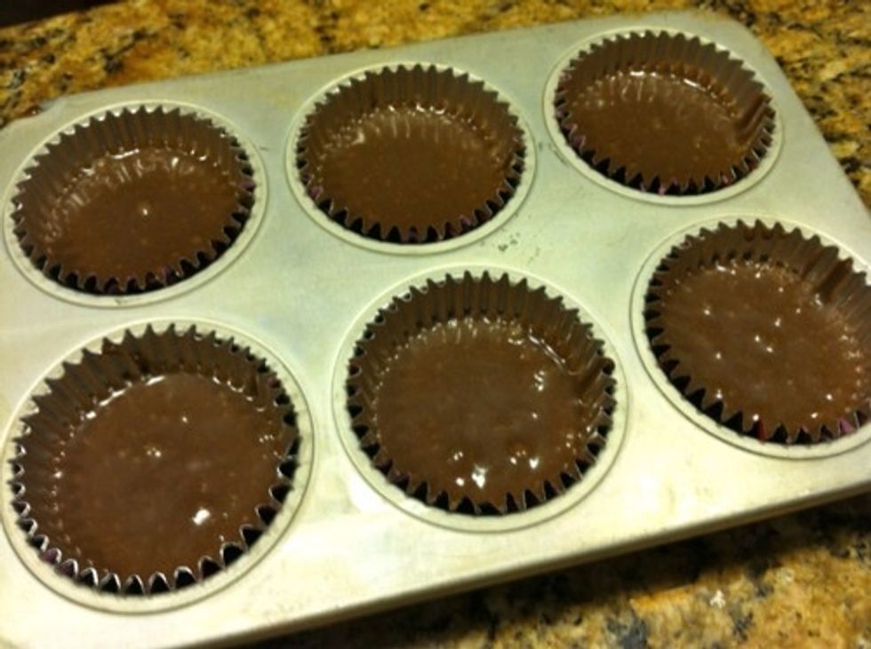 Full the cupcake papers about 2/3 full, making sure that the batter is divided evenly. Bake until a toothpick inserted comes out clean. Cool completely.