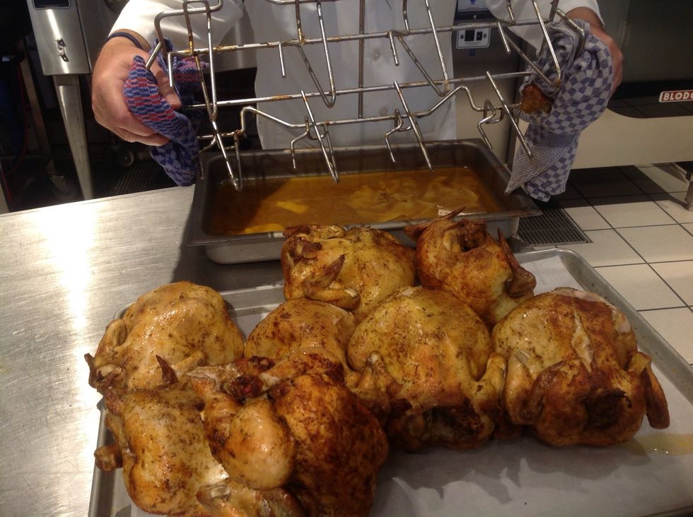 Fully inverted Blodgett Rotisserie Rack ensure release of roasted chicken