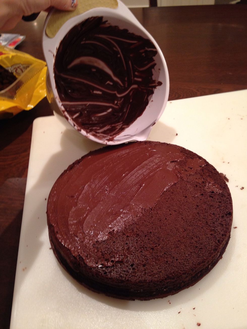 Fully melt some more chocolate chips and spread it across the top