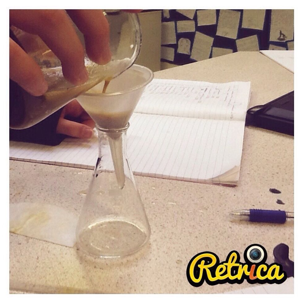 Funnel the water out carefully, make sure no dirty contents get in the end product.