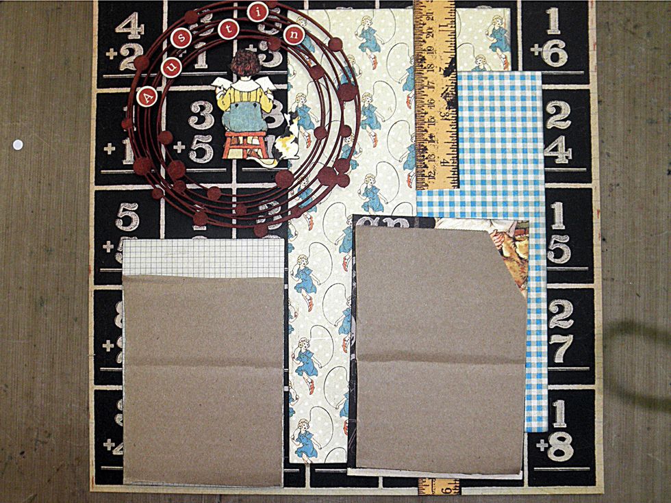 Fussy cut a child from Games & Playtime & adhere inside the circles.  Adhere the flashcard cut-apart to the yellow plaid rectangle cut earlier.  Pop up the cut-aparts with cardboard or foam tape.