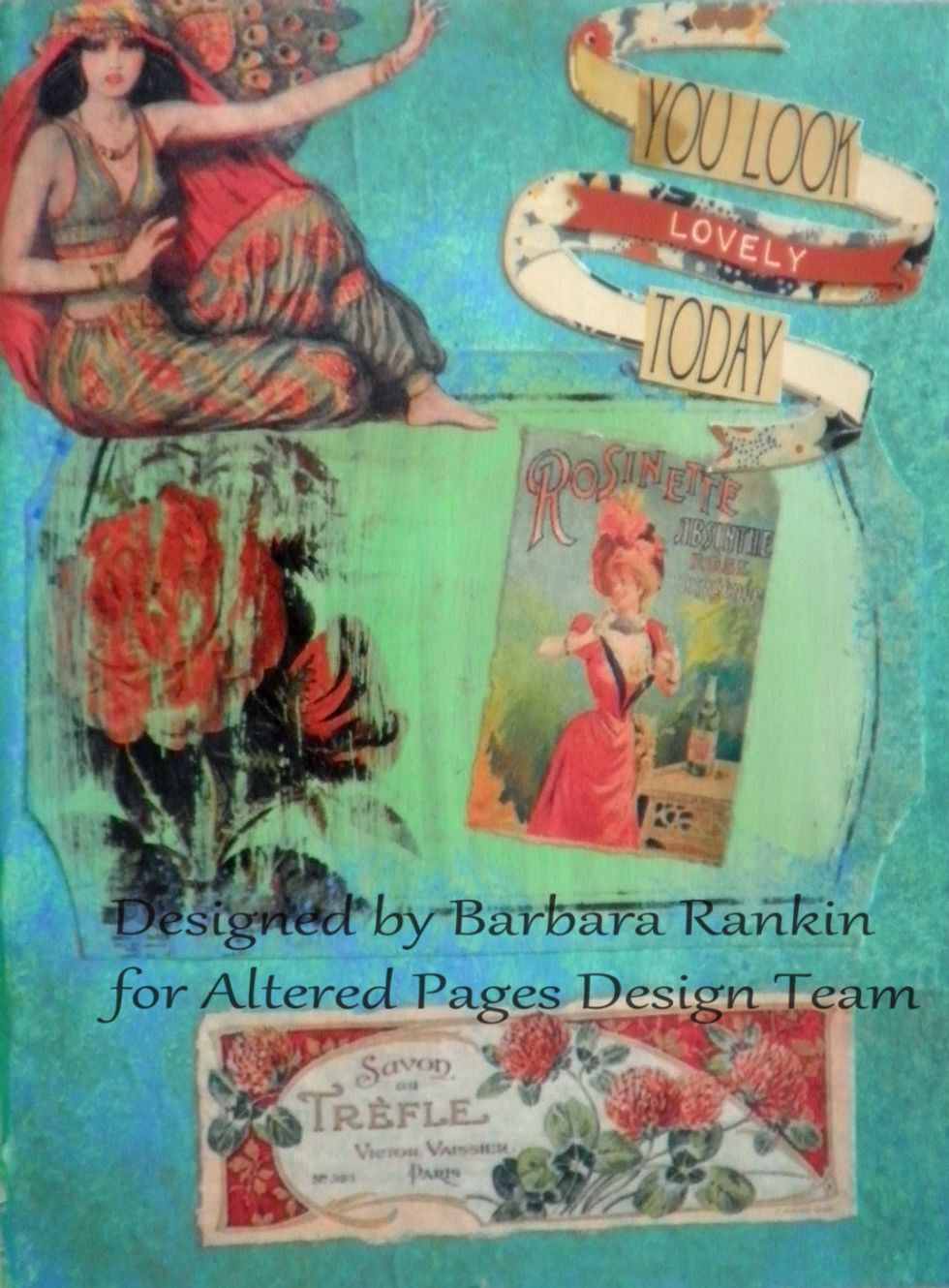 Fussy cut banner from the Glitz What-Nots Embellishment Collection, tear images from Color ATC Red collage sheet, adhere each to page with Matte Medium, as shown.