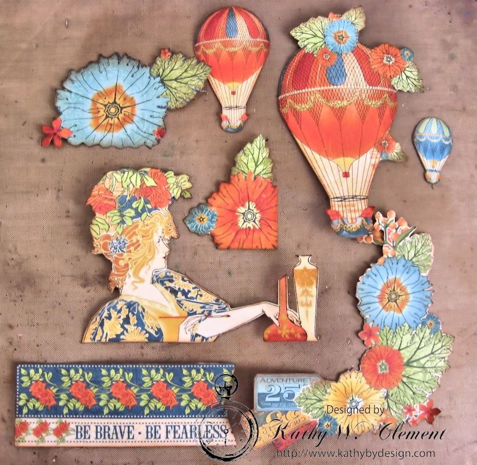 Fussy cut elements from the 8x8 pad to use as decorations on your pocket.  Ink all edges with Vintage Photo DI.