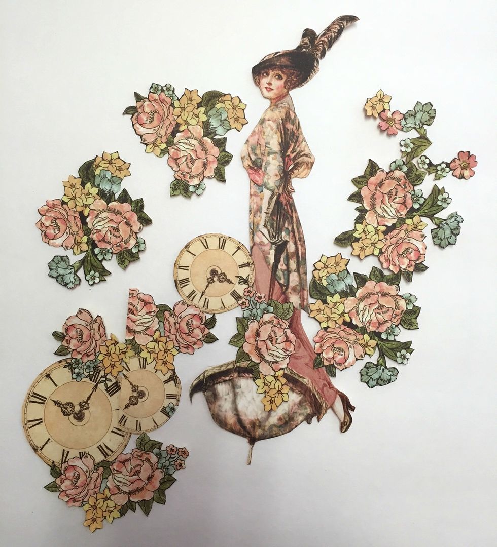 Fussy cut flowers from "Focal Point" Clocks from "A moment in Time" Tag from "Lasting Impressions" and the Beautiful Lady from"A Ladies' Diary" make sure ink the edges.