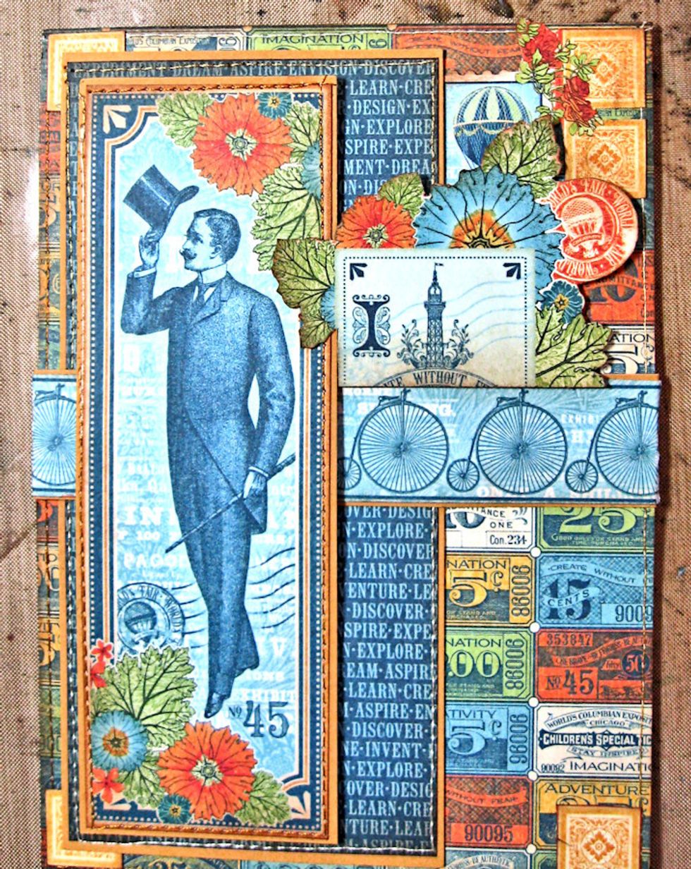 Fussy cut flowers, postmark and top half of Eiffel Tower from 12x12 Envision Exposition.  Layer leaves over gentleman panel. Line up with bicycle border.