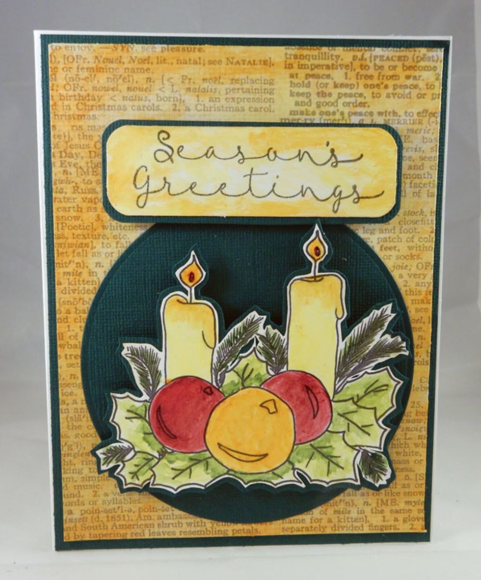Fussy cut image and mat with cardstock. Add atop a die cut circle and add to card. Paint Basil on pine needles. Stamp sentiment and paint over it with Lemon Tart Sorbet and Amber Gemstones.