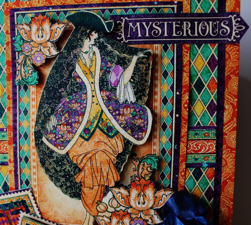 Fussy cut image from journal block. Add to front of card with pop dots.