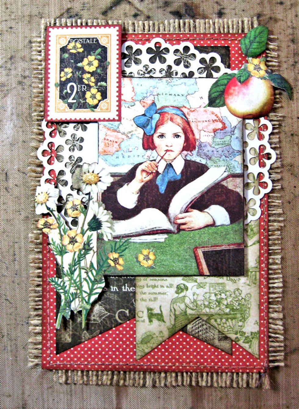Fussy cut image of girl from the 12x12 Children's Hour September paper. Include apple, postage stamp and wildflowers. Ink edges. Add dimension with foam spacers or waste chipboard. Attach w/glue.