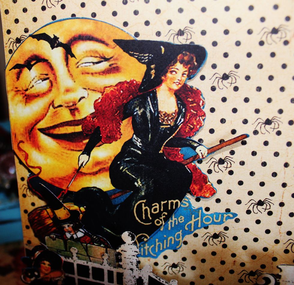 Fussy cut images from pattern paper. Layering some together with pop dots and adhering to inside of card.