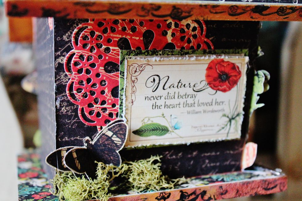 Fussy cut journal block from pattern paper, distress edges. Add to side of birdhouse.