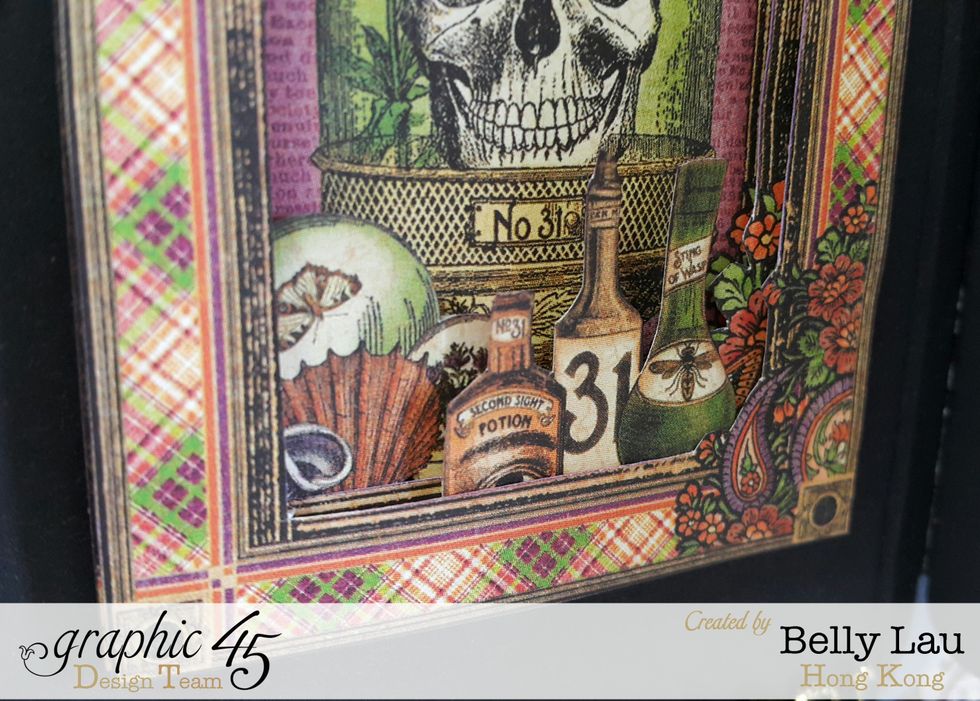 Fussy cut patterns from Graphic 45 papers and layer up to form a scene frame