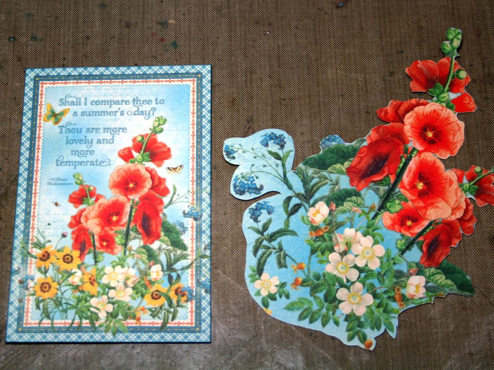 Fussy cut some flowers from Garden Fresh.  Coat both the front & back of the cut-apart w/matte medium & let it dry.   This makes the paper stronger. Then locate the cut-apart shown from the 8 x 8 pad.