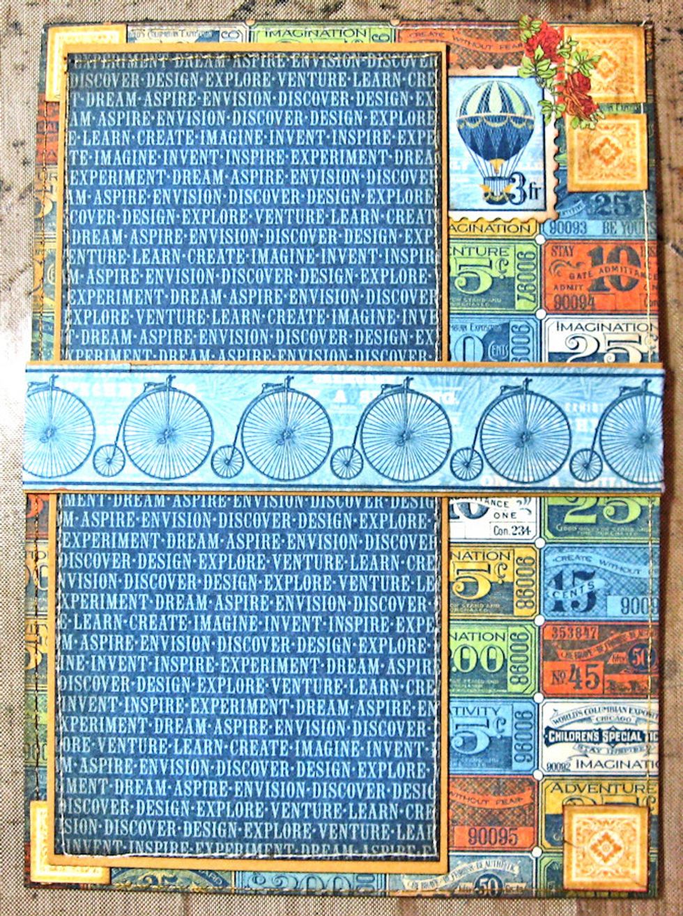 Fussy cut stamp and gold corners from Envision Expo.  Glue in corners as seen here.  Use postage stamp scissors on stamp. Mat bicycle border from 12x12 Wonder works and blue over blue panel.
