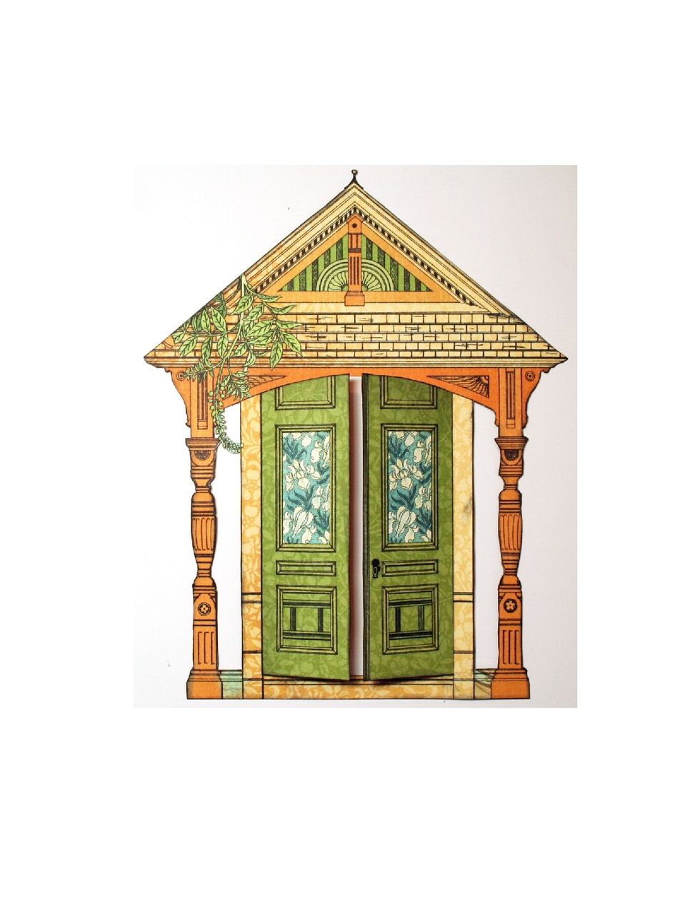 Fussy cut the doors from the Artisan Style paper.  Carefully cut around the doors at the top, bottom and in the middle.  Score the outer edges of the doors so they open easily.