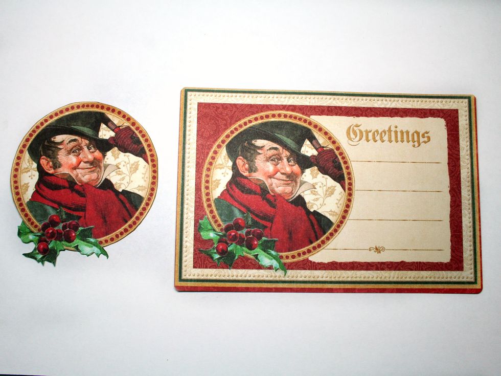 Fussy cut the gentleman from either an Ephemera card or from the 12 x 12 Figgy Pudding paper.