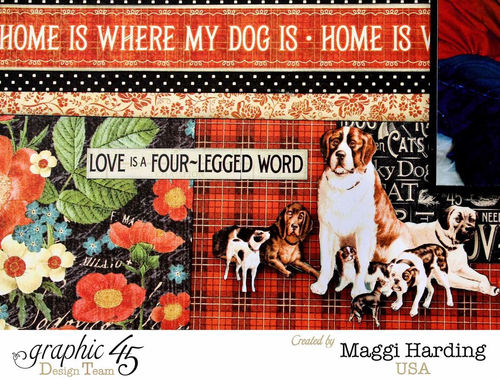 Fussy cut the group of dogs from Four Legged Friends. Use foam to pop them up when adding to the layout. Add Love is Four-Legged Word from the sticker page.