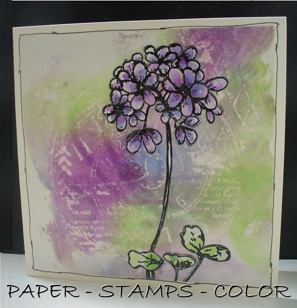 Fussy cut the image and adhere to the background. Assemble to a card as shown.