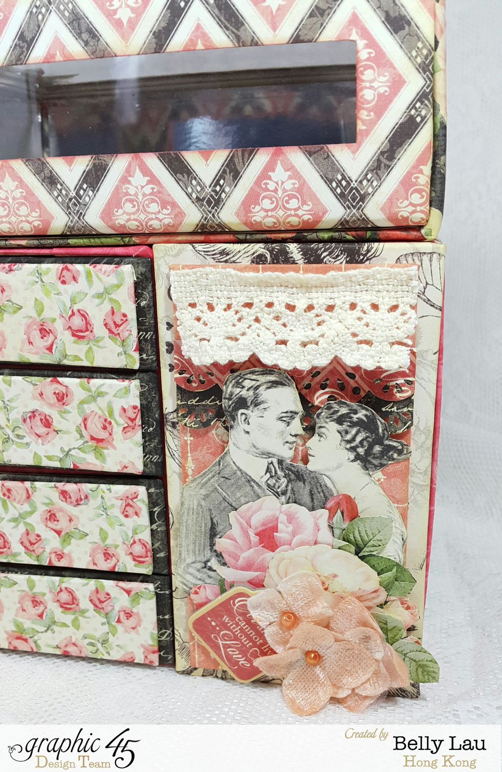 Fussy cuttings, lace, flowers, punch outs and chipboard for the doors.