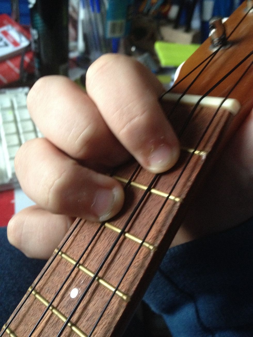 G chord. 1st string, 2nd fret. 2nd string, 3rd fret. 3rd string, 2nd fret.