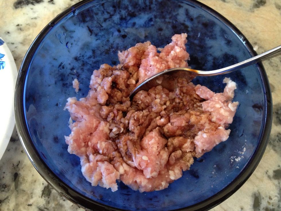 Gallic power, salt and soya sauce to prepare the ground pork meat.