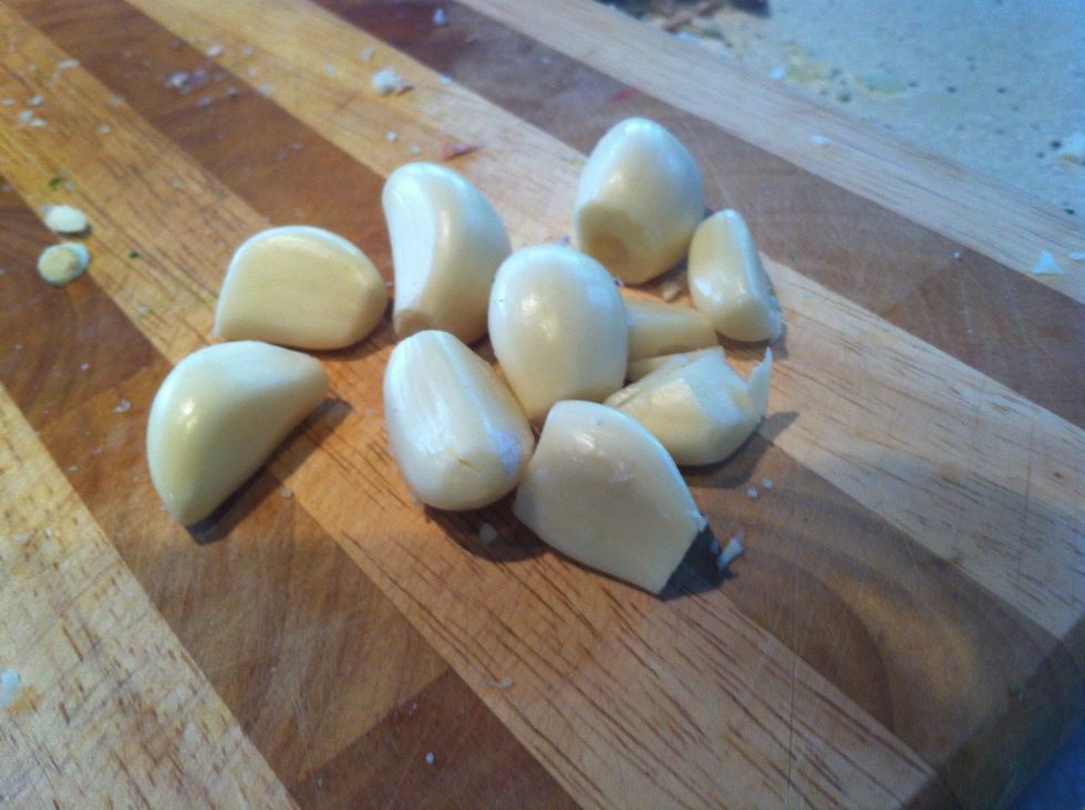 Garlic cloves: remove skin. You can use as much or as little garlic as you like.. We like our tabouli bitey.