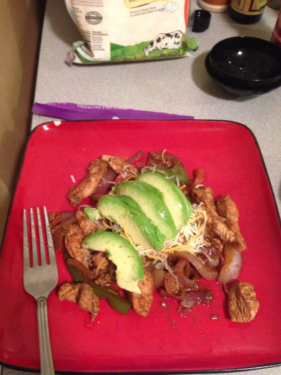 Garnish how you would like by adding avocados or cheese. Serve on a tortilla or without and enjoy! (This is the healthier option)