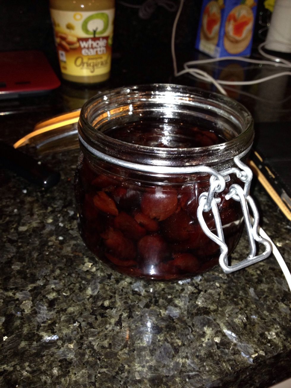 Garnish. I used some homemade sour cherries that I made by macerating dried morello cherries in Maraschino cherry liqueur for a few weeks. But you can use shop bought ones if you wish.