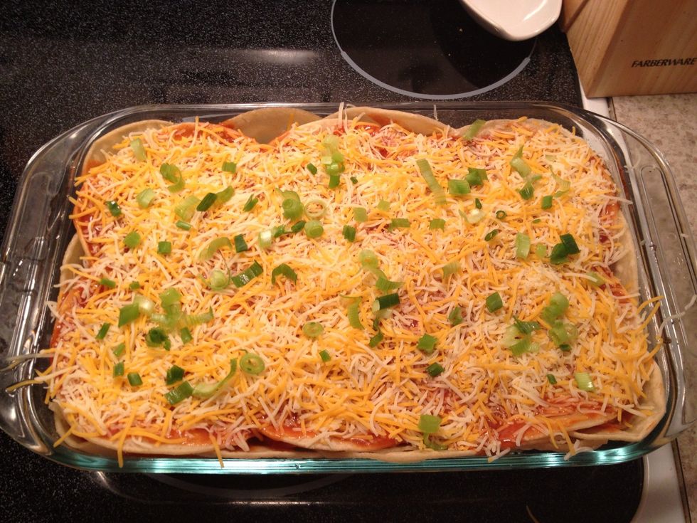 Garnish the top with green onion and bake at 400 degrees for 30-45 min until cheese is nice and lightly browned.