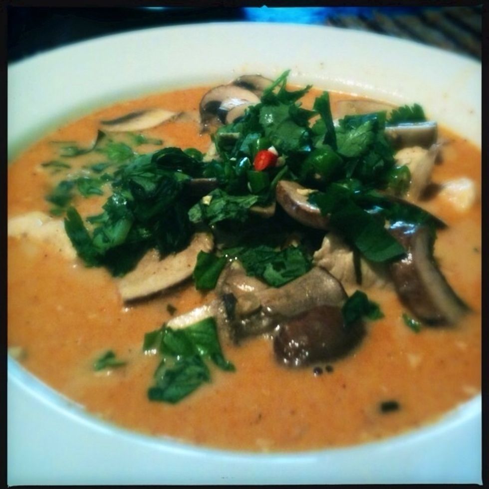 Garnish with chopped cilantro, basil, and more chilies. Enjoy!