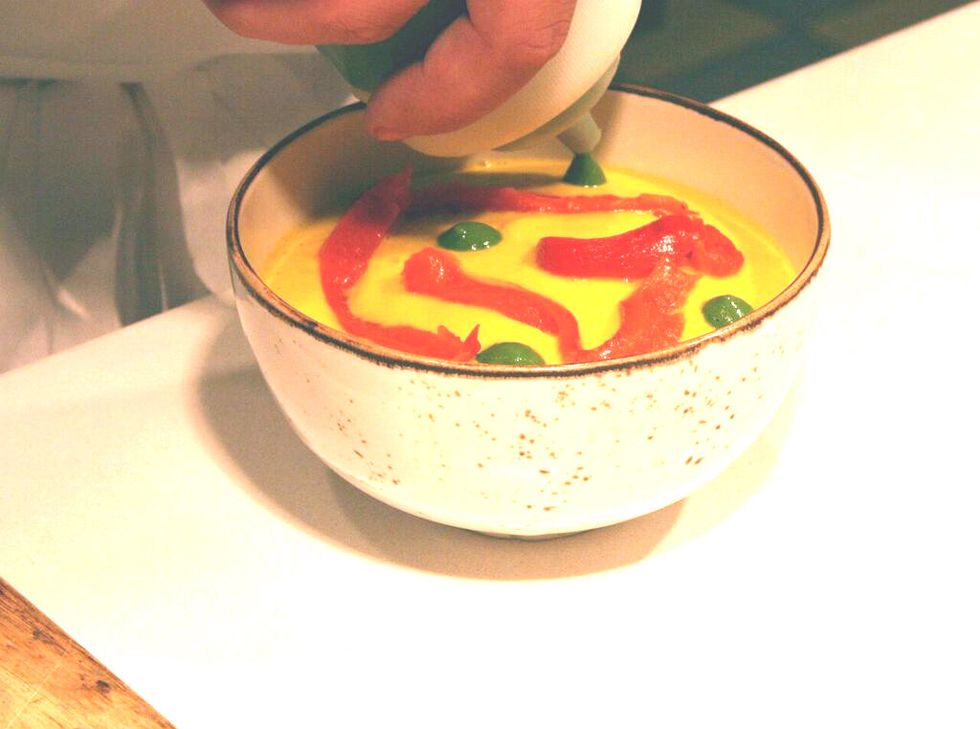 Garnish with peppers, pesto, olive oil, salt and pepper to taste.