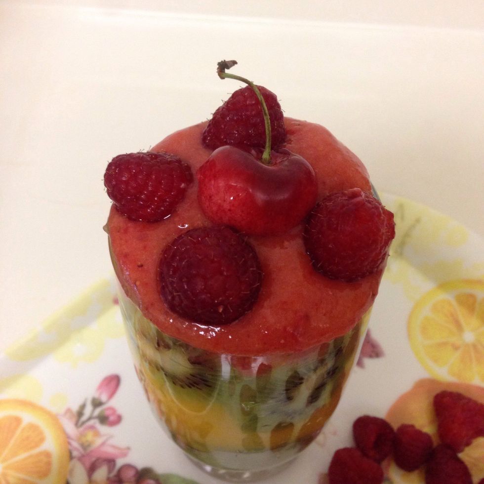 Garnish with raspberries and cherry