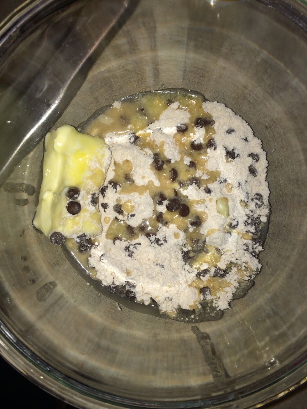 Gather all cookie ingredients (1 tbs water, 1/2 stick butter) into a bowl for mixing.