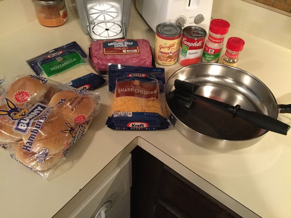 Gather all food supplies and frying pan and meat chopper