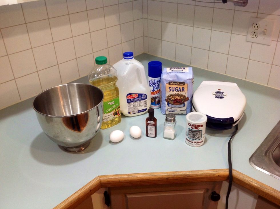 Gather all ingredients and supplies: eggs, flour, milk, white sugar, baking powder, salt, and vanilla
