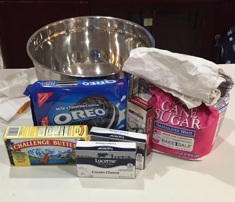 Gather all ingredients. I cut the supplies I listed in half (besides the Oreos) because I didn't want that much but my cheesecake ended up too thin..