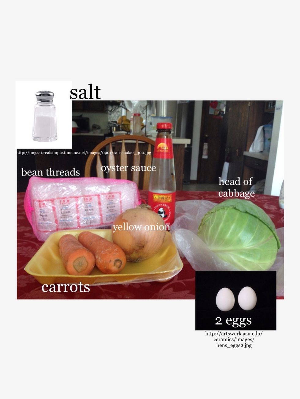 Gather all of the ingredients. The ground pork and vegetables should be washed.