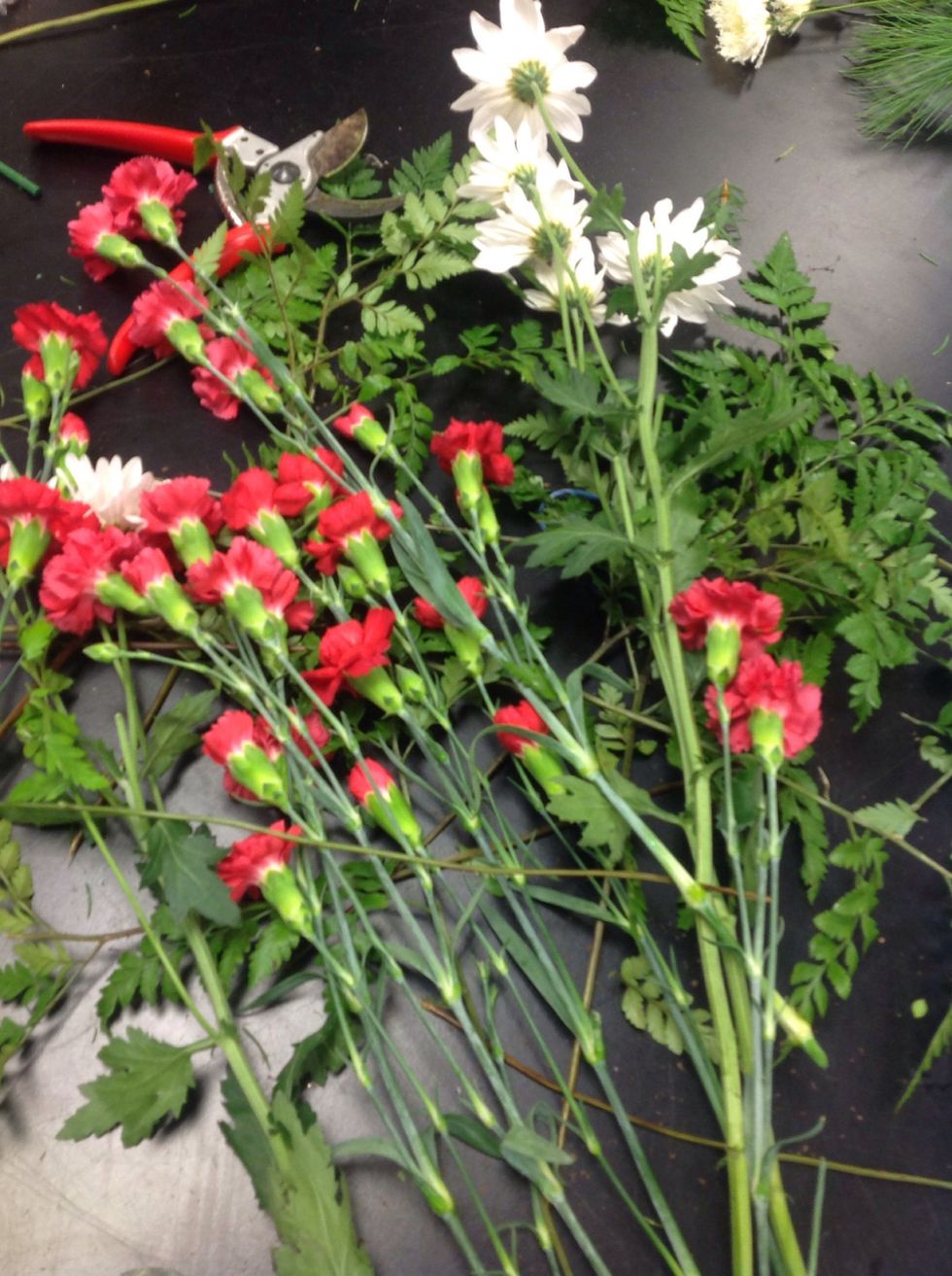 Gather all of your flowers. Choose which one will be your main flower (in mine the red carnation) and your secondary flower (the white mum).