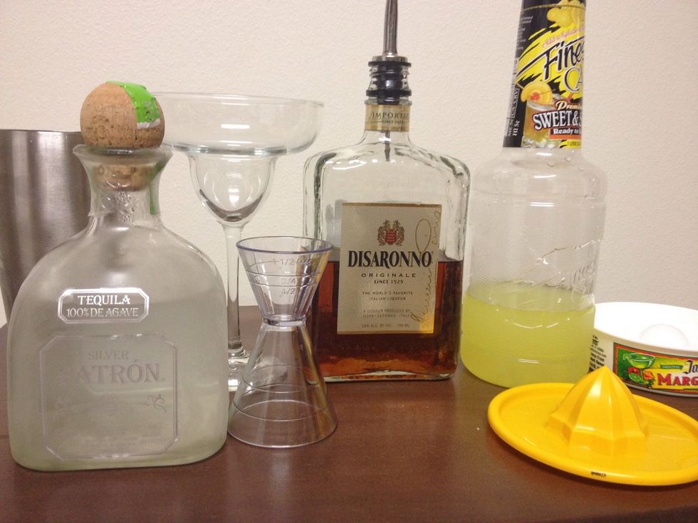 Gather all of your ingredients/supplies. My ice is already placed in my shaker/strainer. (click on picture to see a complete image)