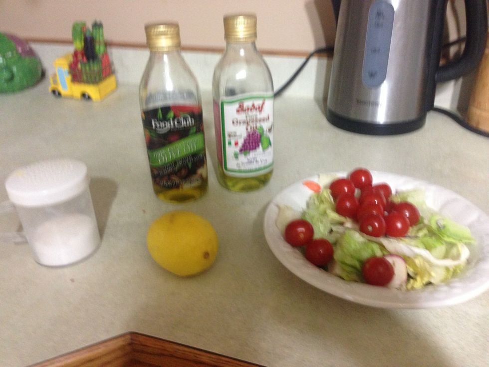 Gather all supplies! I used the packaged, fresh veggies with lettuce, radishes, red cabbage, and carrots in it and some cherry tomatoes as well.