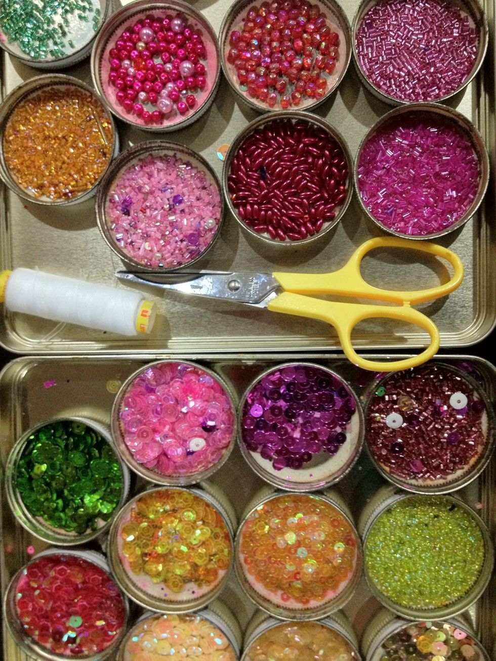 Gather all the beads and sequins, and gemstone if you like. Tips: you can choose the beads color like the color of the design on the dress.