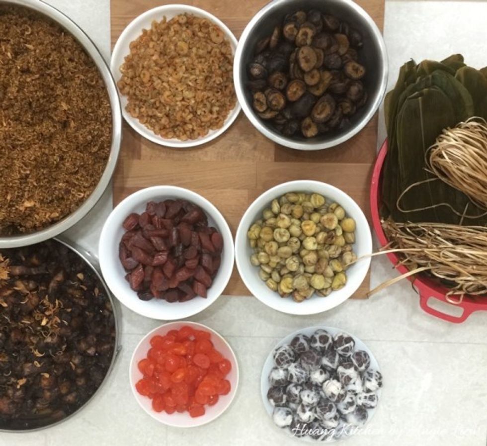 Gather all the ingredients needed before you start to wrap the rice dumplings.