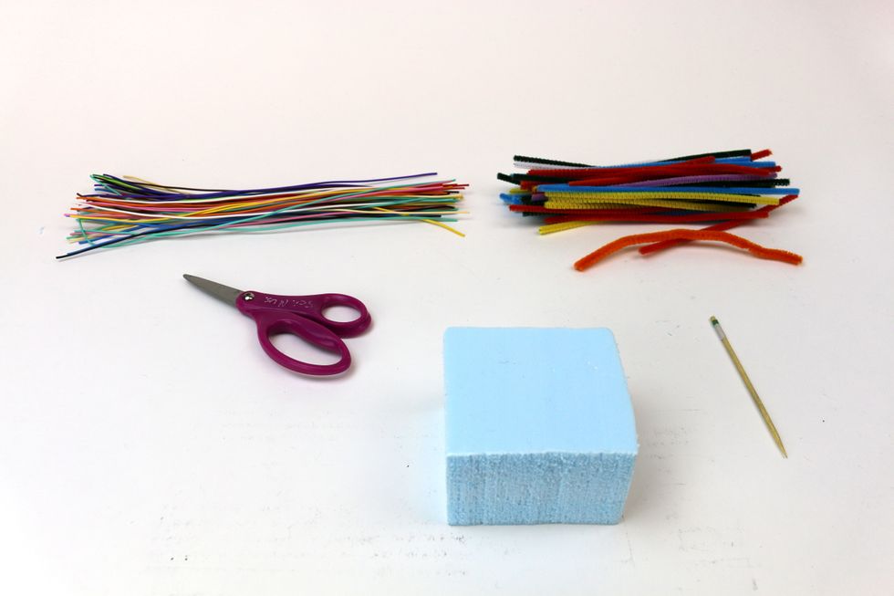 Gather all the materials on the supplies list. The insulation foam comes in a big sheet. We cut it into 3" by 3" blocks. We also cut the pipe cleaners to about 6" and the Twisteez wires to 12".