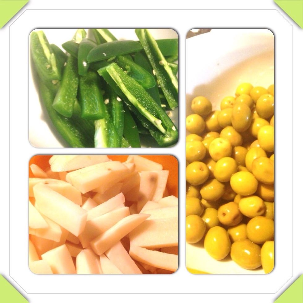 Gather all your ingredients and cut it into nite sized. I cut my jalape\u00f1os in half.