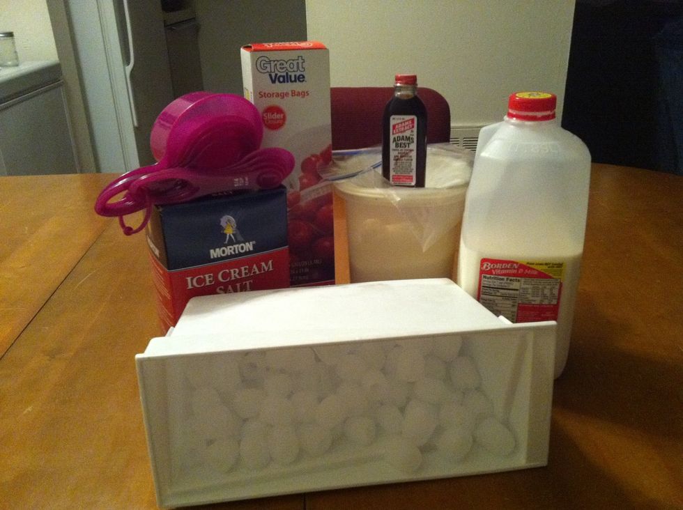 Gather all your materials before you get started. The material consist of milk, vanilla, sugar, rock salt, quart size zip-loc bag, gallon zip-loc bag, and a towel/glove.