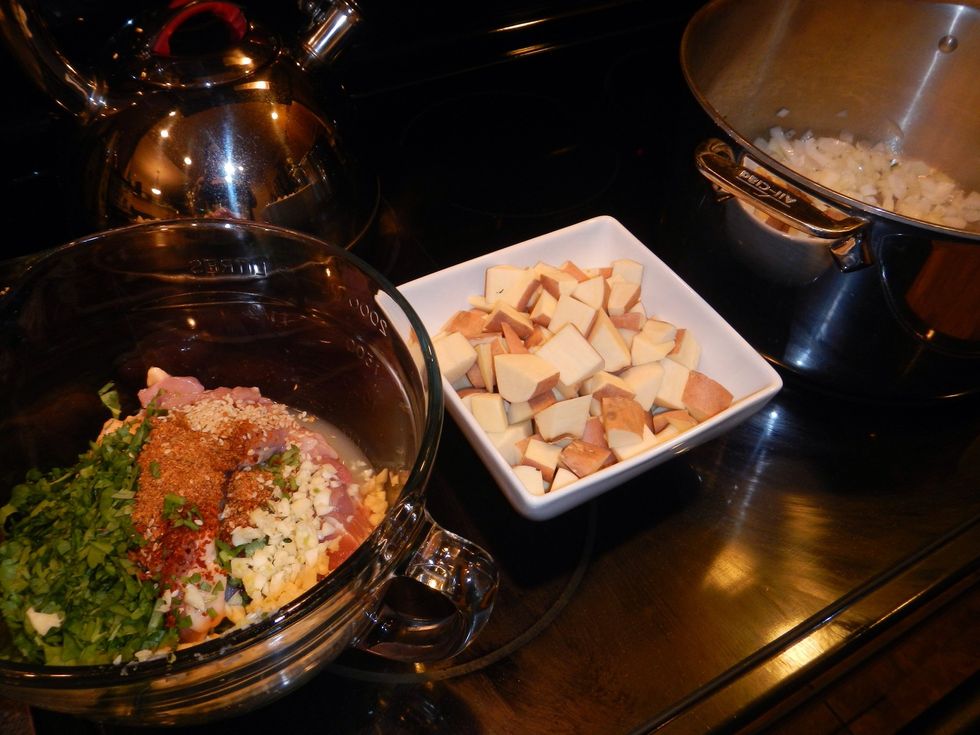 Gather all your prepped items and set yourself up by your cooktop