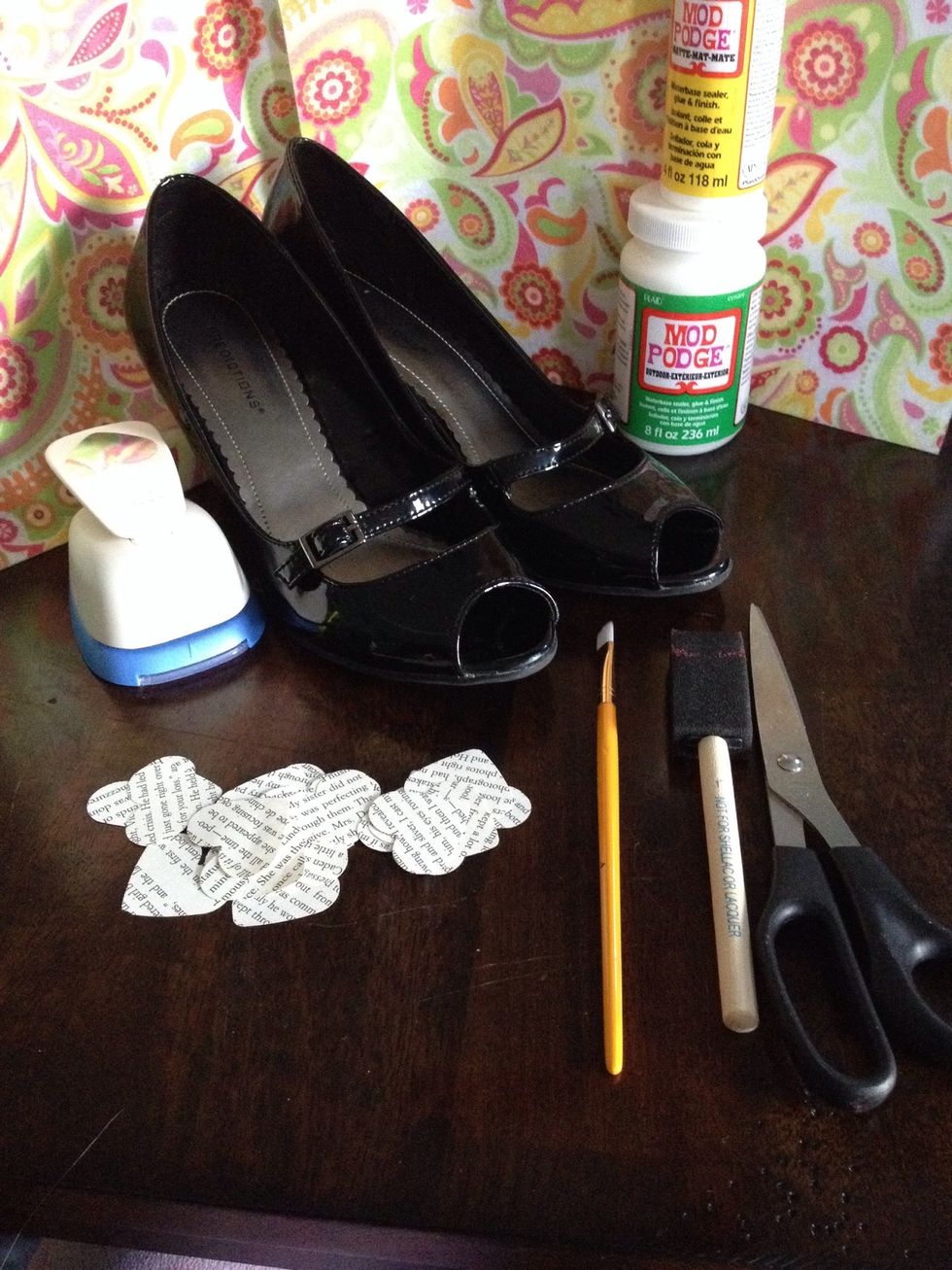 Gather all your supplies! I just reuse an old sauce lid to hold my mod podge (hardener and sealer not pictured. Hardener comes in the purple mod podge jar and mod podge sealer is in aerosol form)