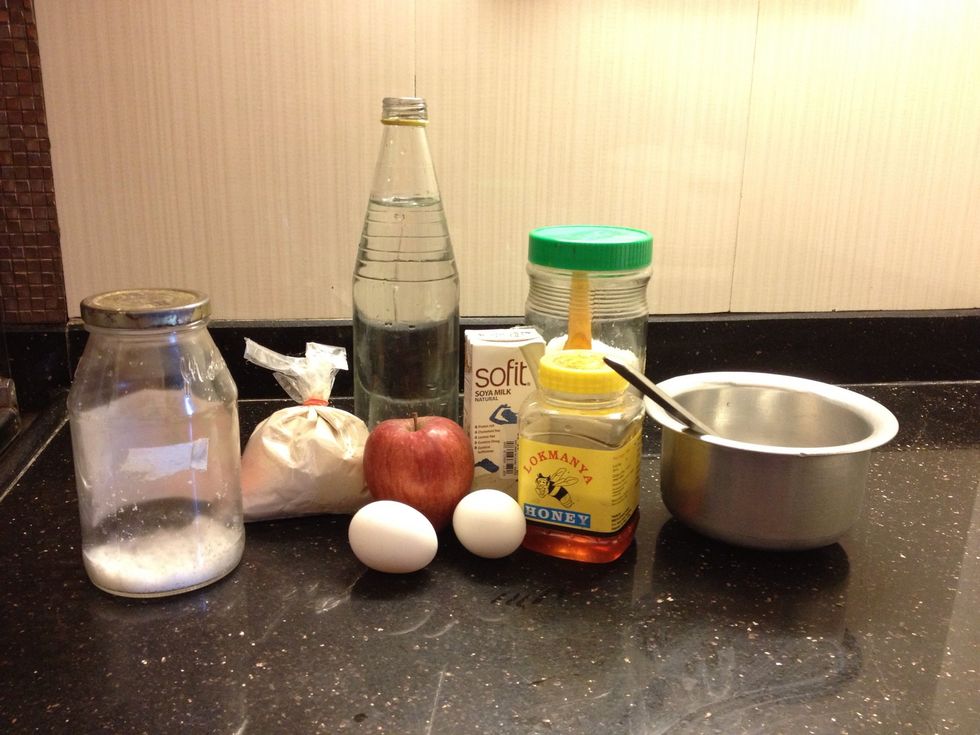 Gather all your supplies. Refer to the list. The above measured ingredients will make about 4 big pancakes. Increase or decrease the amounts accordingly.