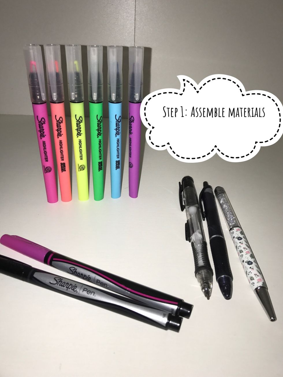 Gather desired materials such as highlighters, pens, pencils, etc.